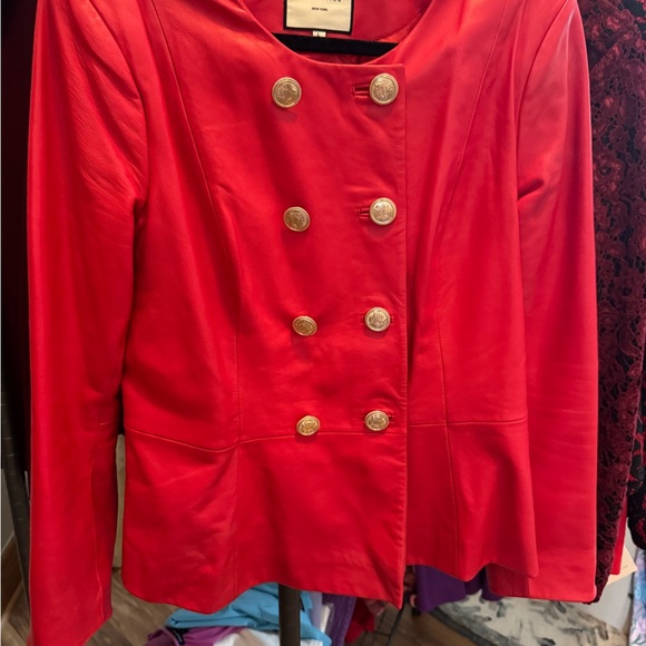 Bagatelle collection Red Double-Breasted Leather Blazer with Gold Buttons - Picture 4 of 5